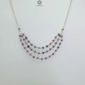 925 Sterling Silver Multi Sapphire Gemstones Beads Chain NECKLACE : 6.00 gms Natural Sapphire Round Faceted Beaded Necklace 19"