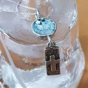 Bluenoemi Christian Cross pendant, Sterling Silver Hammered cross with Roman Glass