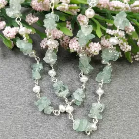 EMERALD & PEARL Gemstones Raw Uncut Beads : 925 Sterling Silver Natural Emerald Pearl Chain NECKLACE 16" Statement  Gift For Her