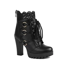 Women's Booties Round Toe Lace-Up Lace Block Chunky Heel Platform Short Boots